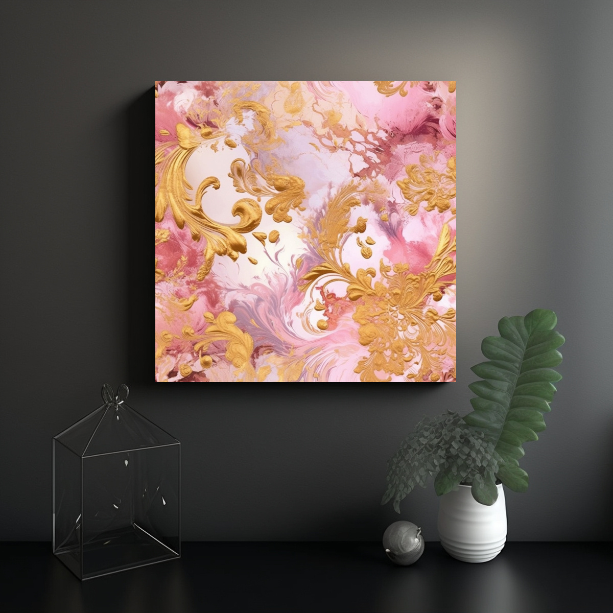 ARTE ABSTRACTO EN DORADO Y ROSA ESTILO BARROCO 40X40 CM - 2