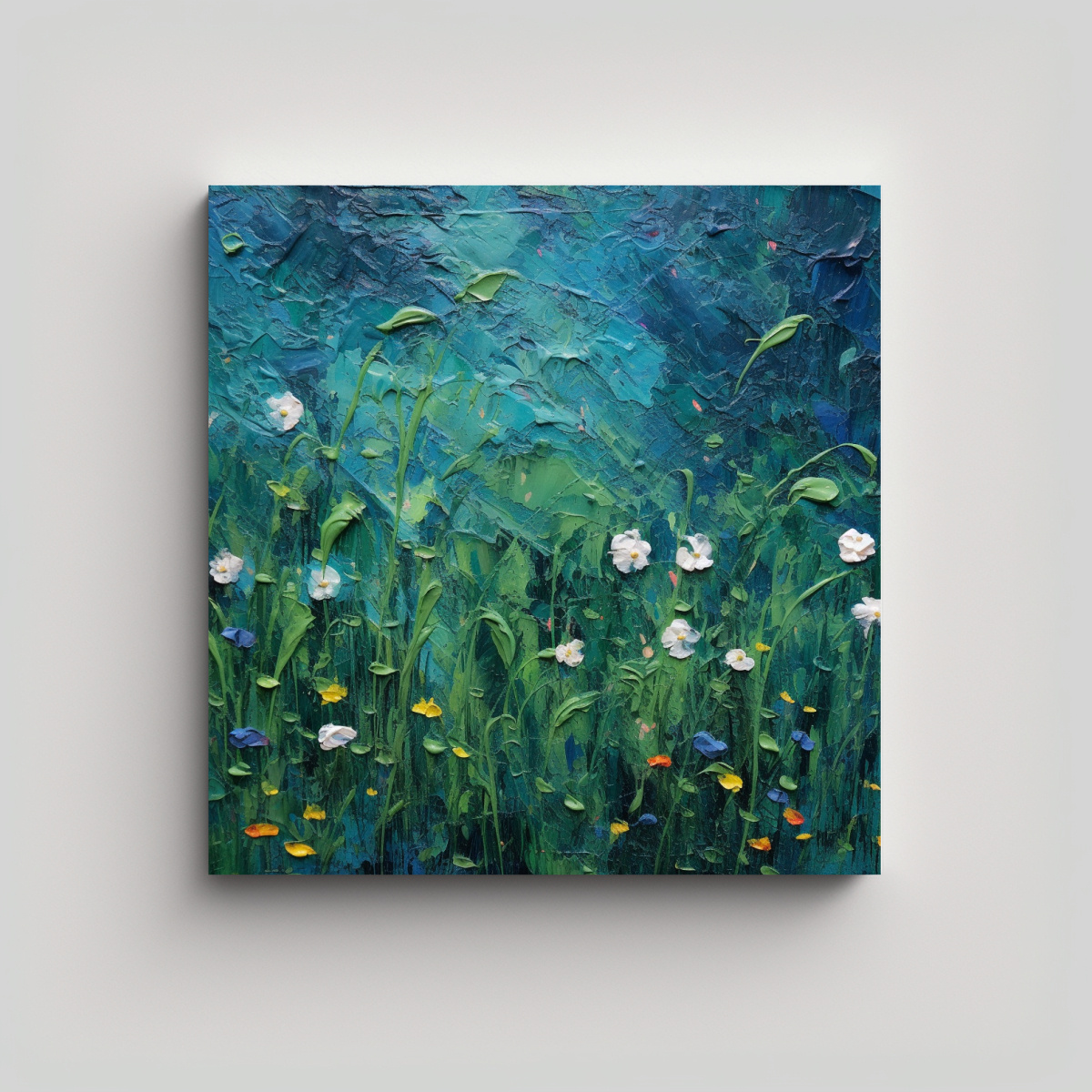 PINTURA TEXTURIZADA DE CAMPO DE FLORES EN AZUL Y 20X20 CM - 1