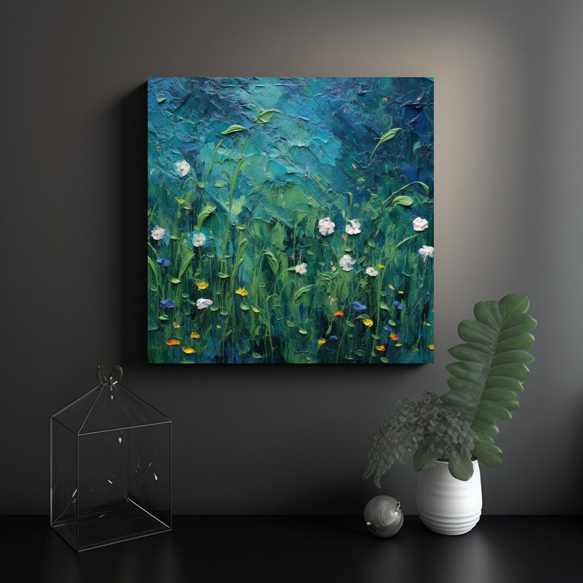 PINTURA TEXTURIZADA DE CAMPO DE FLORES EN AZUL Y 20X20 CM - 2