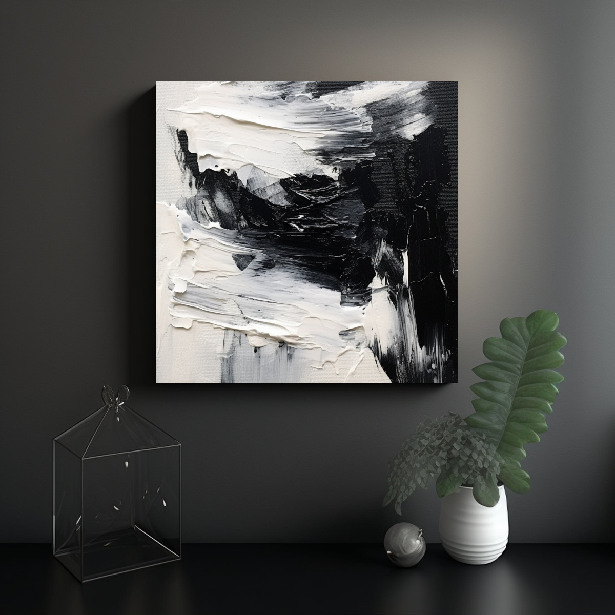 PINTURA ABSTRACTA EN BLANCO Y NEGRO: CUADRO 60X60 CM - 2