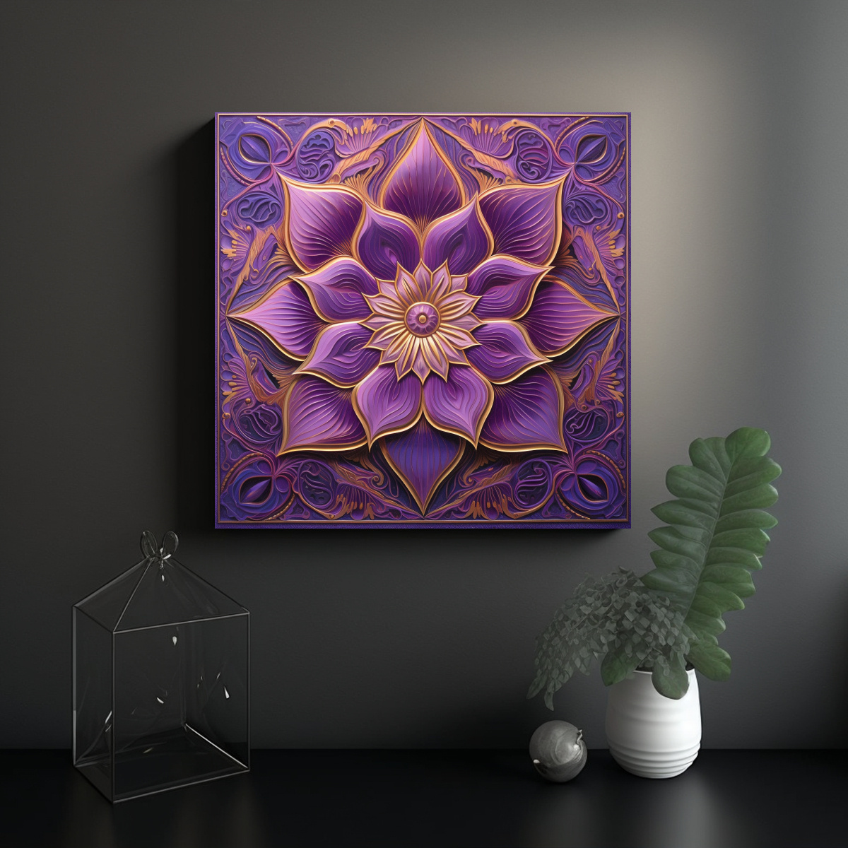 CUADRO GEOMÉTRICO FLORAL PÚRPURA ESTILO 60X60 CM - 2