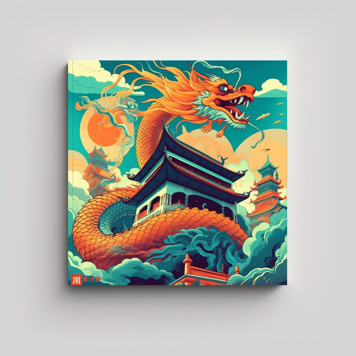 CUADRO TELA: DRAGÓN VUELA SOBRE TEMPLO CHINO. 100X100 CM - 1