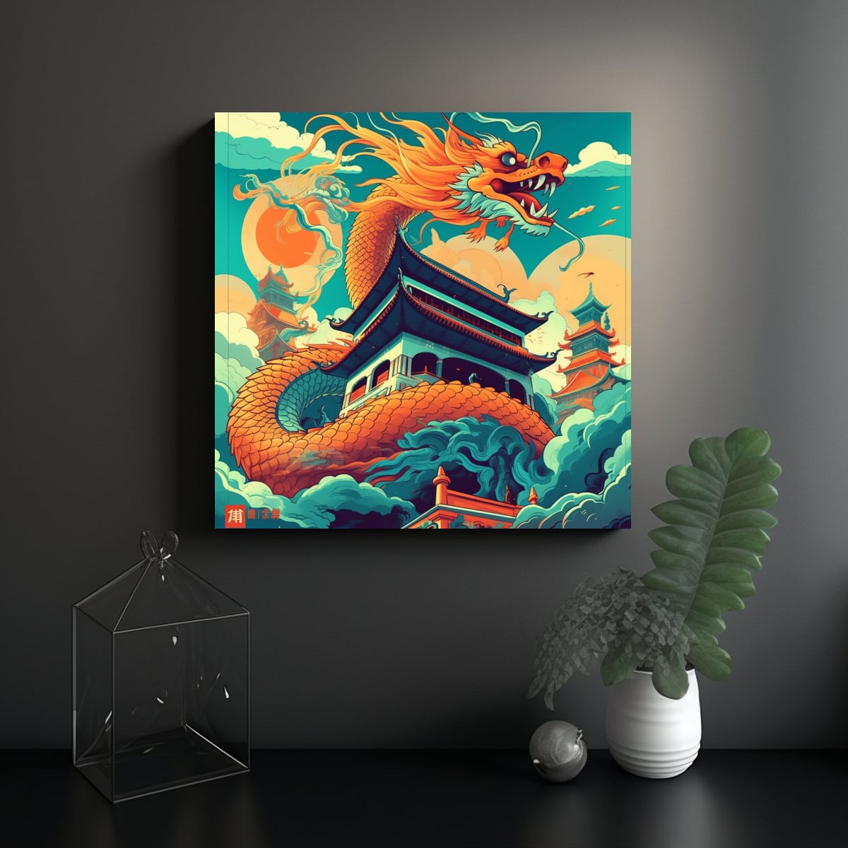 CUADRO TELA: DRAGÓN VUELA SOBRE TEMPLO CHINO. 100X100 CM - 2