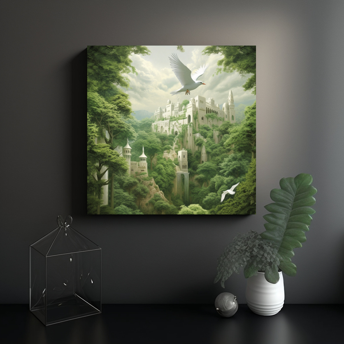 PINTURA DECORATIVA PAISAJE CON PALOMA BLANCA EN 30X30 CM - 2