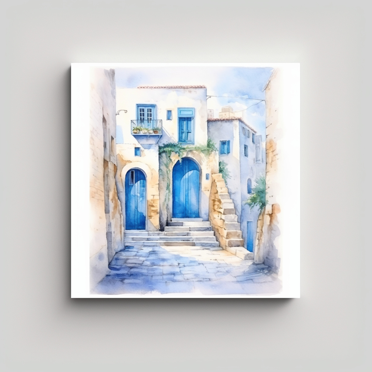 PINTURA ACUARELA DE UN PUEBLO CON PUERTAS AZULES, 30X30 CM - 1