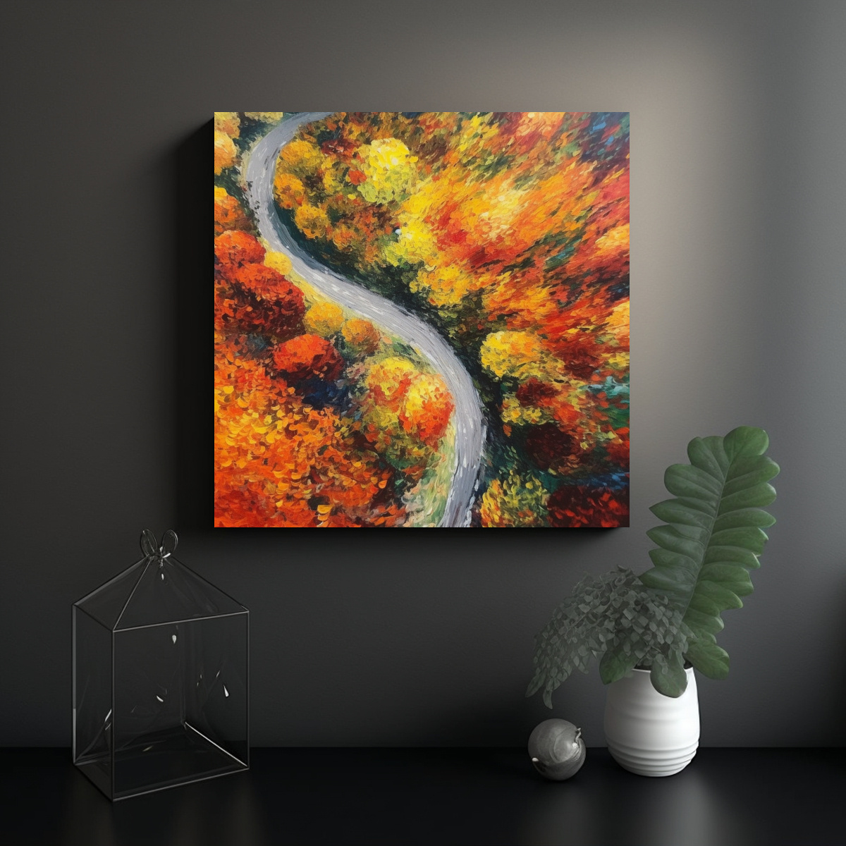 PINTURA DECORATIVA DE PAISAJE OTOÑAL EN CAMINO 20X20 CM - 2