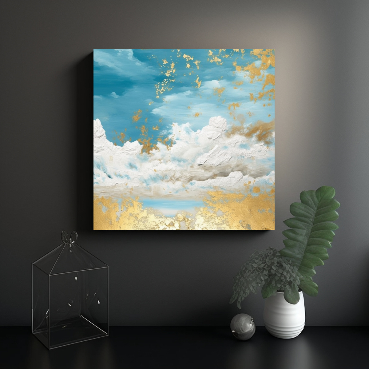 PINTURAS DE ARTE MODERNO EN TONOS DORADO, CELESTE 100X100 CM - 2
