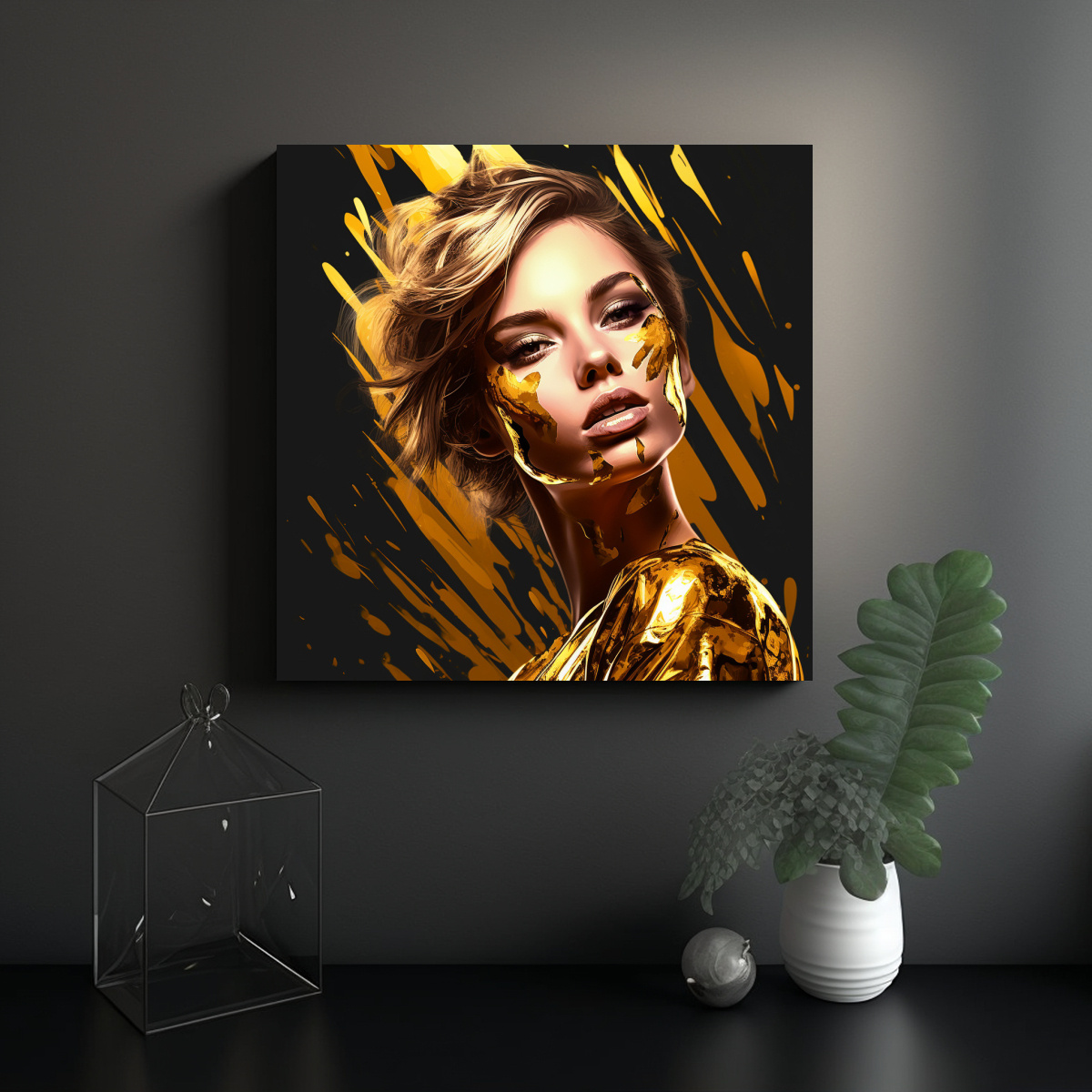 RETRATO MUJER JOVEN PINTADA EN DORADO SOBRE 50X50 CM - 2