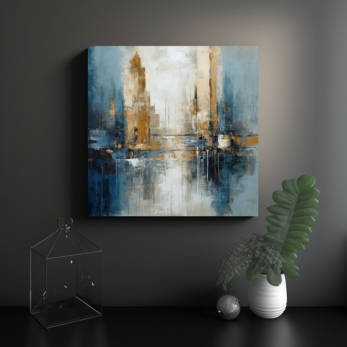 PINTURA LLAMATIVA EN AZUL, ORO Y BLANCO CON 20X20 CM - 2