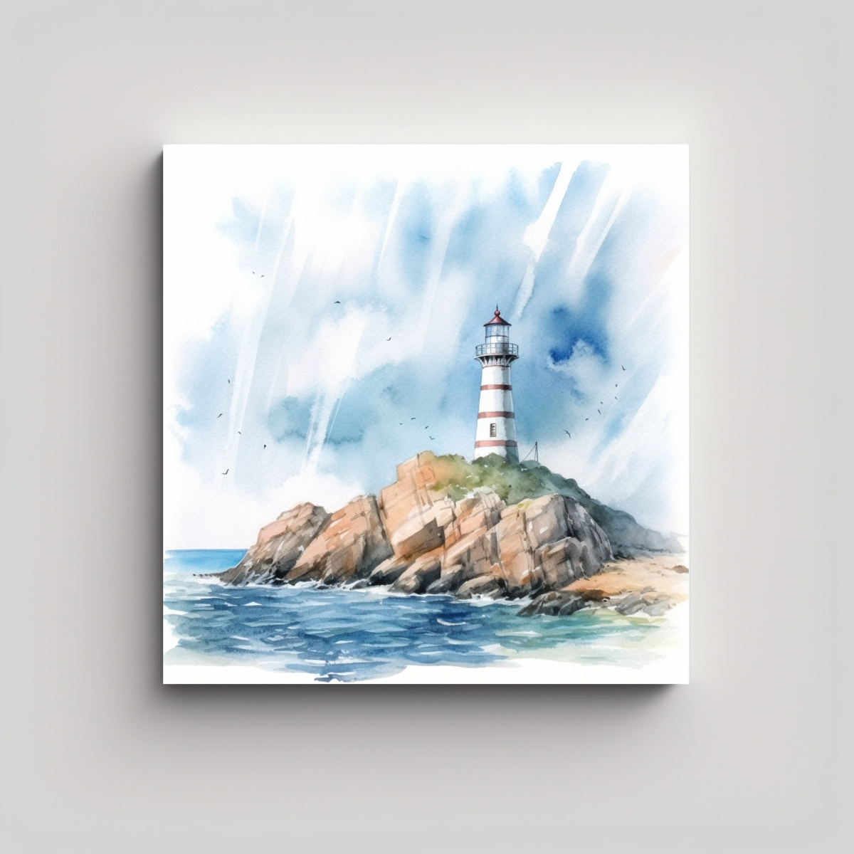CUADRO PAISAJE ACUARELA FARO MAR NUBES ESTILO 40X40 CM - 1
