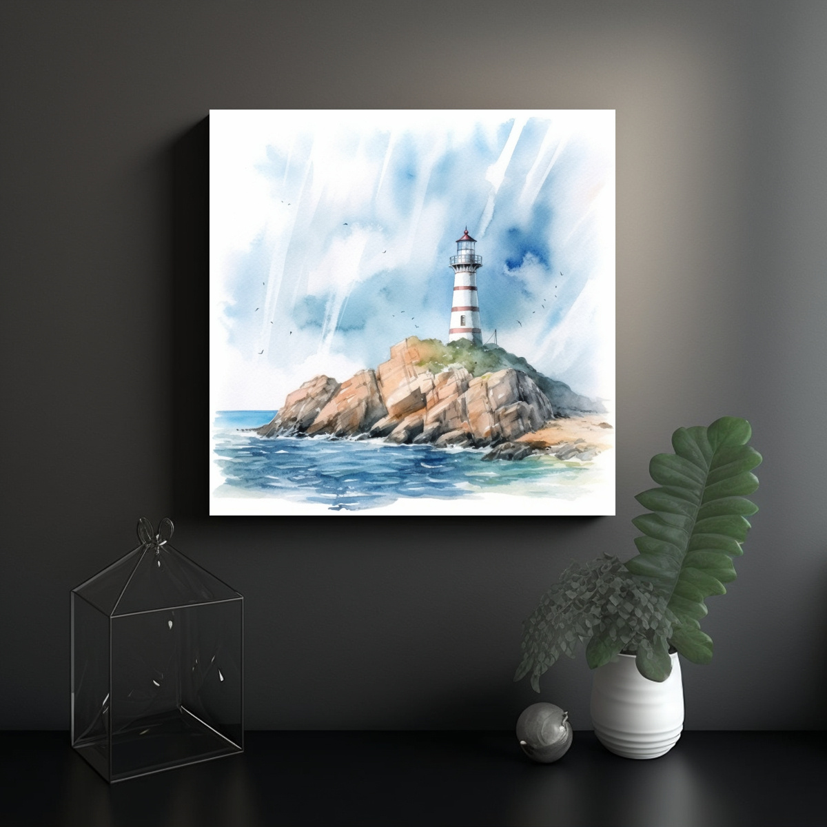 CUADRO PAISAJE ACUARELA FARO MAR NUBES ESTILO 40X40 CM - 2