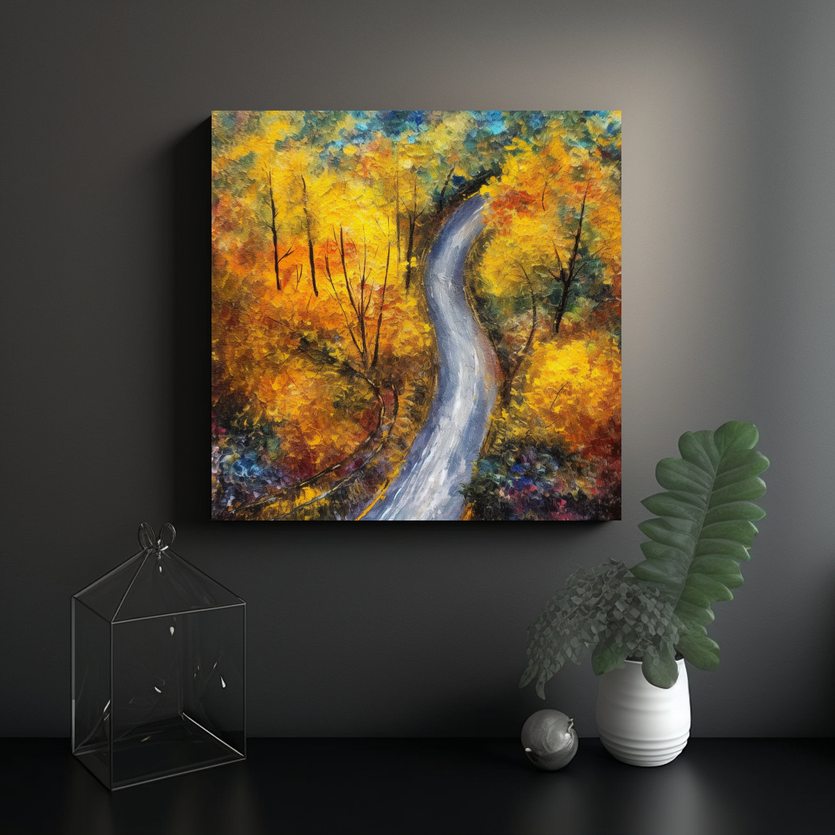 CUADRO PAISAJE OTOÑAL CARRETERA CON HOJAS VISTAS 20X20 CM - 2