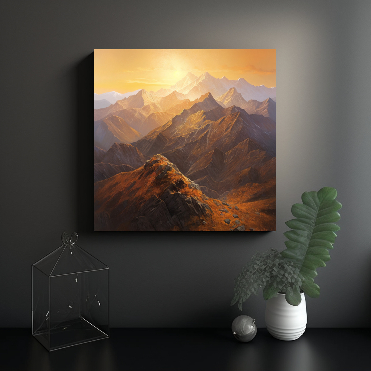 CUADRO AL ÓLEO: MAJESTUOSA CORDILLERA AL AMANECER 20X20 CM - 2