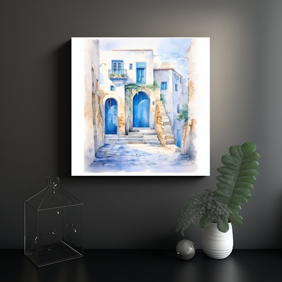PINTURA ACUARELA DE UN PUEBLO CON PUERTAS AZULES, 40X40 CM - 2