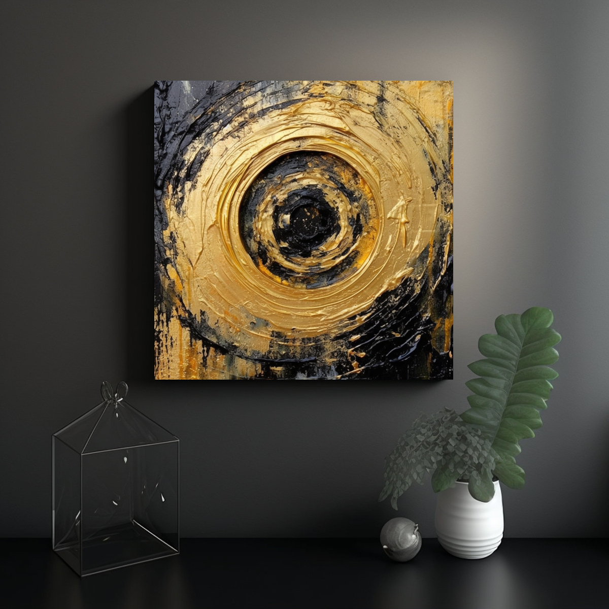 PINTURA FANTÁSTICA: ANILLO NEGRO Y DORADO CON 80X80 CM - 2