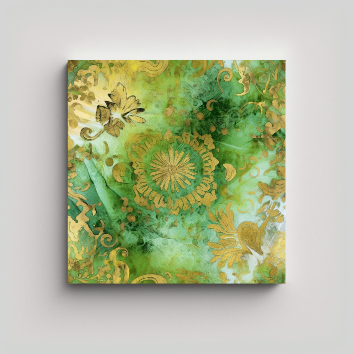 PINTURA EN AZULEJO VERDE LIMA Y DORADO ESTILO 90X90 CM - 1