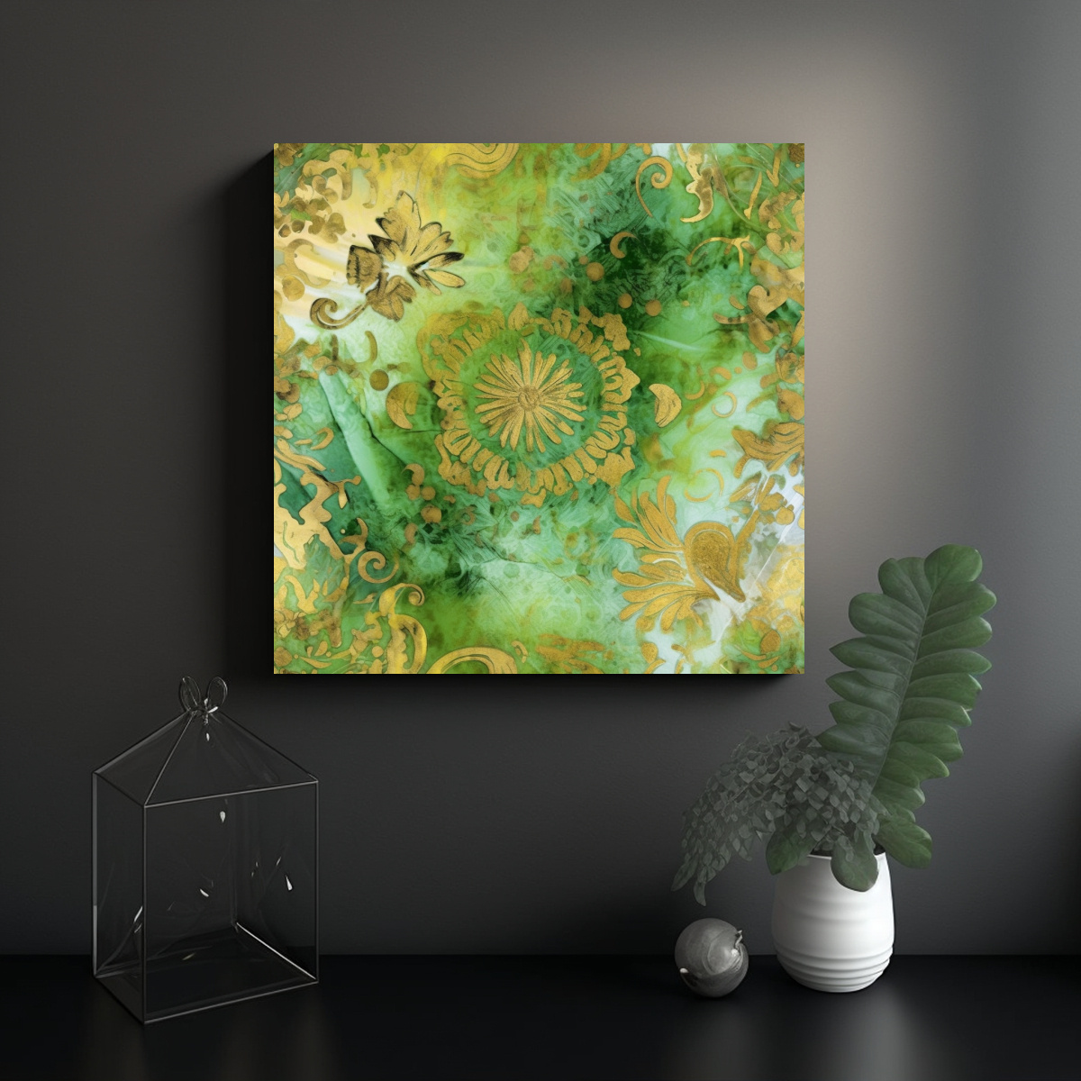 PINTURA EN AZULEJO VERDE LIMA Y DORADO ESTILO 90X90 CM - 2