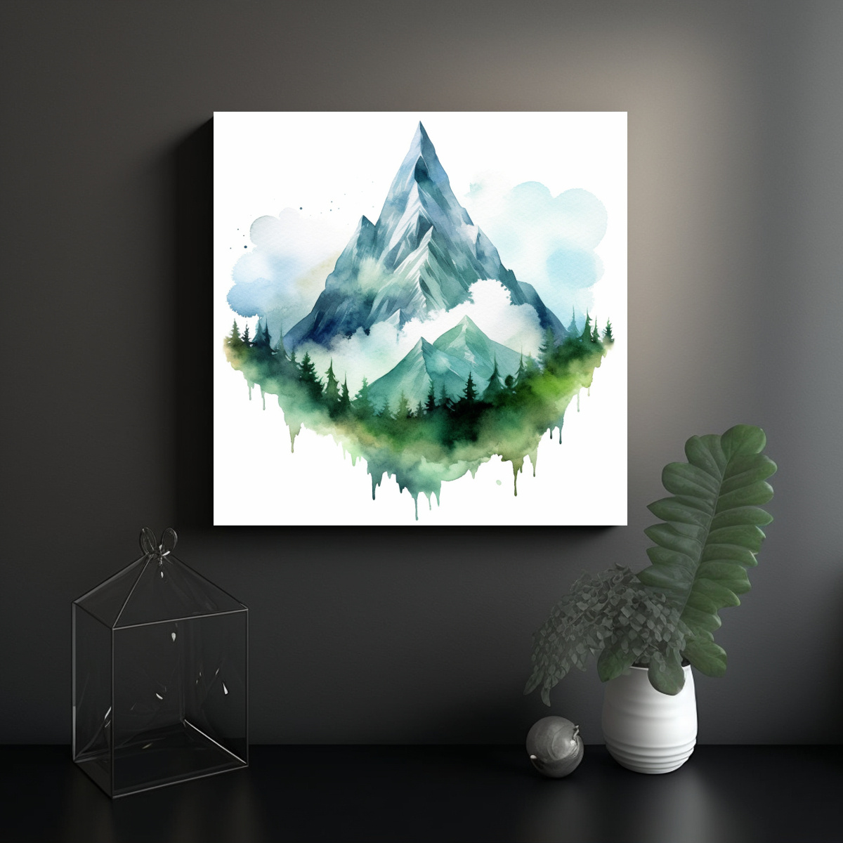 PINTURA DECORATIVA ACUARELA FONDO BLANCO MONTAÑA 80X80 CM - 2
