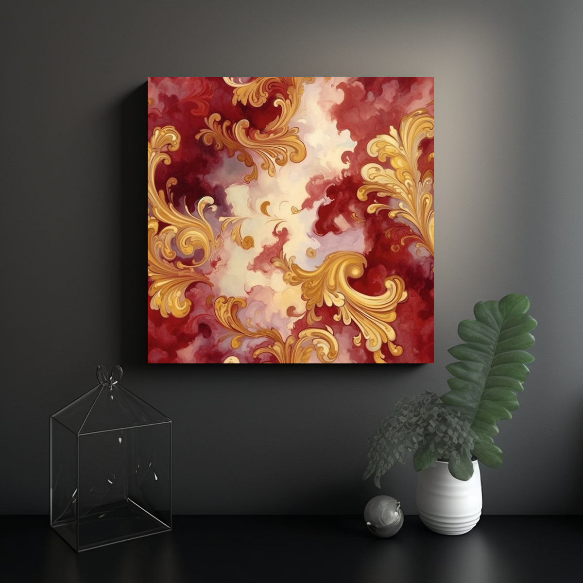 PINTURA DINÁMICA GRANATE Y DORADA ESTILO 50X50 CM - 2