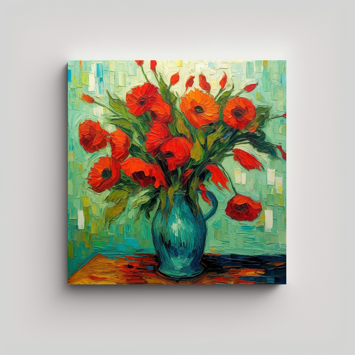 PINTURAS AL ÓLEO ESTILO VAN GOGH: FLORES ROJAS Y 20X20 CM - 1