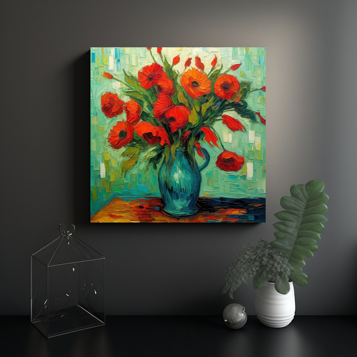 PINTURAS AL ÓLEO ESTILO VAN GOGH: FLORES ROJAS Y 20X20 CM - 2