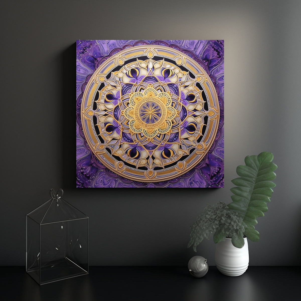 CUADRO ACUARELA MANDALA LUMINOSO EN TONOS MORADO, 20X20 CM - 2