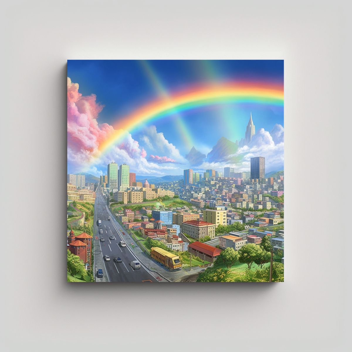 CUADRO DE ARTE POP EN LA HERMOSA CIUDAD ARCOÍRIS 60X60 CM - 1