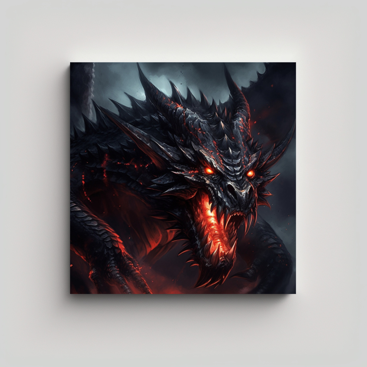 CUADRO DE DRAGÓN NEGRO FERÓZ Y FUEGO ROJO EN 40X40 CM - 1