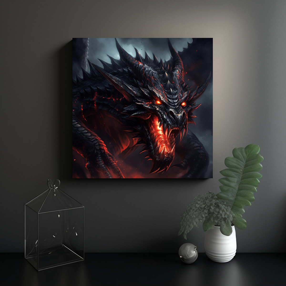 CUADRO DE DRAGÓN NEGRO FERÓZ Y FUEGO ROJO EN 40X40 CM - 2