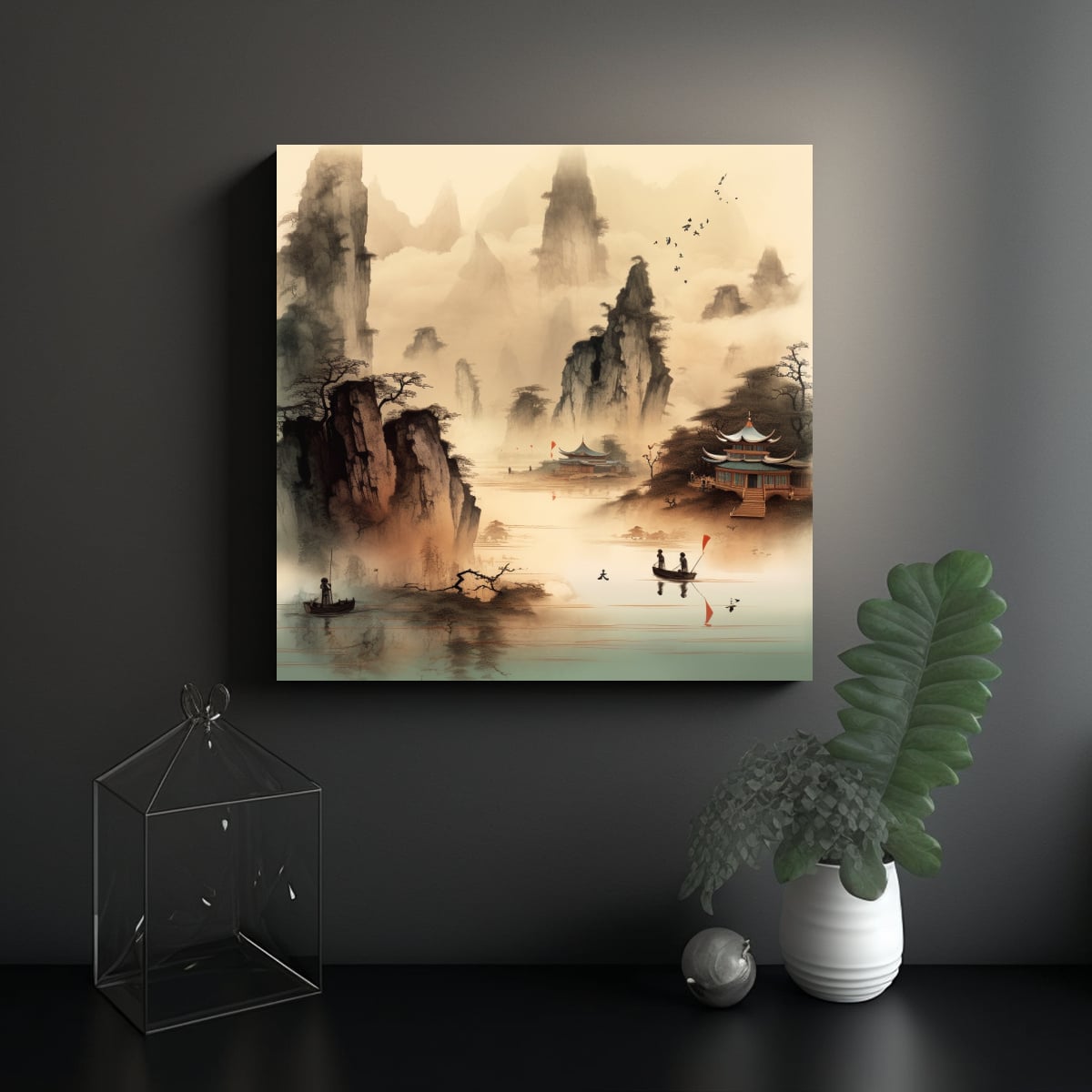 PINTURA CHINA DE PAISAJE: DECORACIÓN ADORABLE 20X20 CM - 2