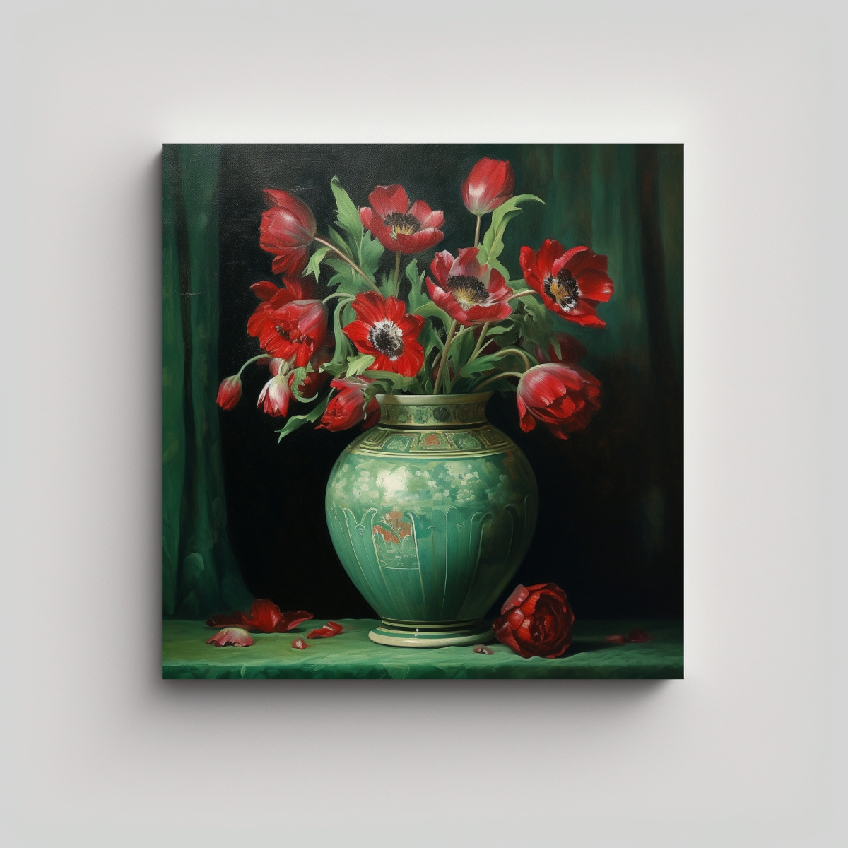 CUADRO ESTILO GALERÍA FLORERO VERDE CON FLORES 50X50 CM - 1