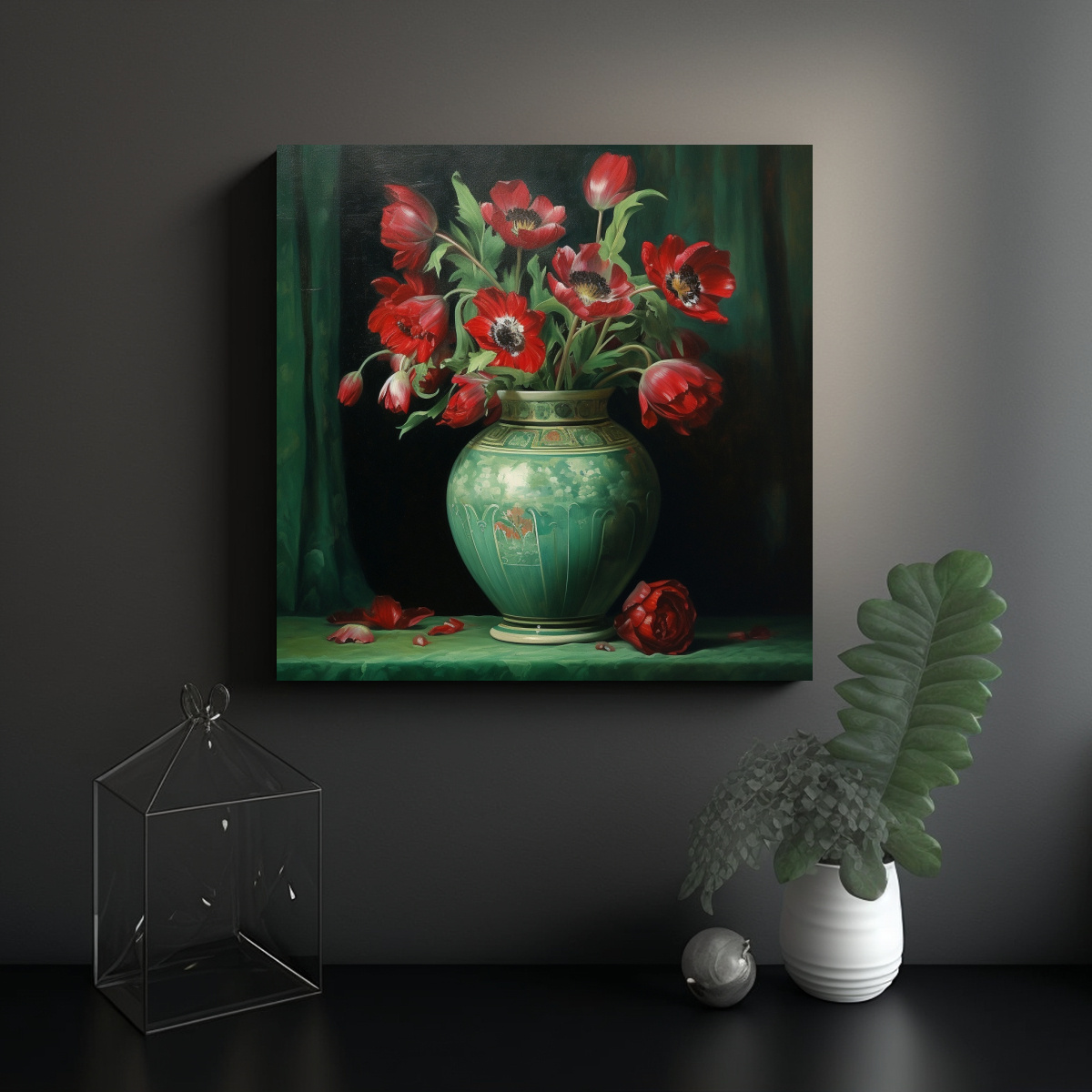 CUADRO ESTILO GALERÍA FLORERO VERDE CON FLORES 50X50 CM - 2