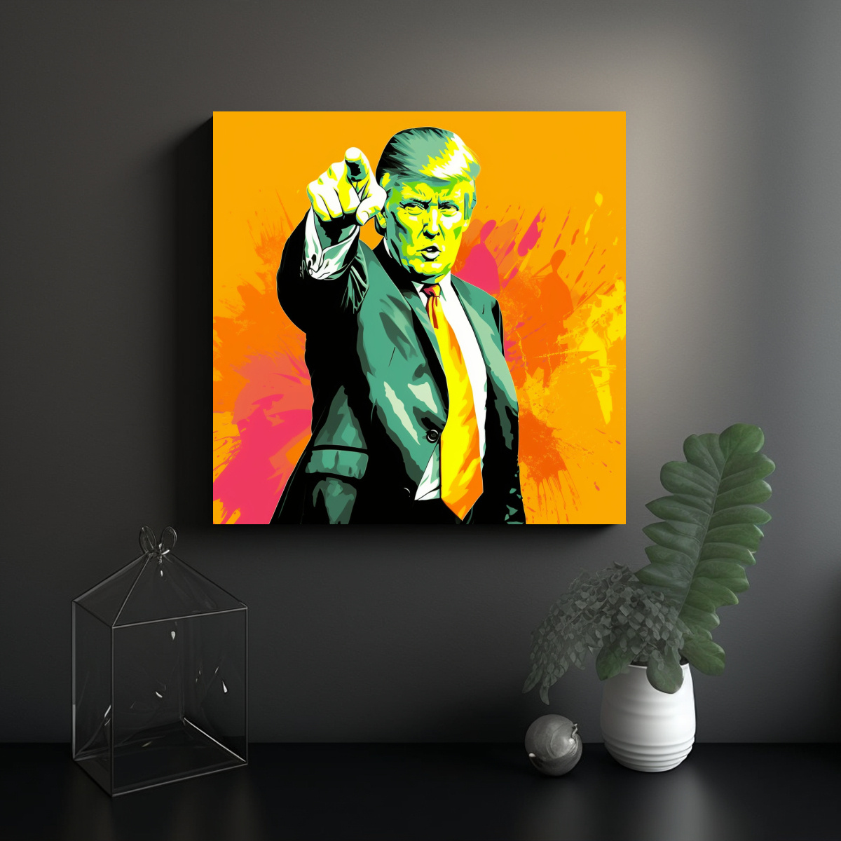 RETRATO EN LIENZO DE TRUMP SEÑALANDO ENOJADO, 100X100 CM - 2