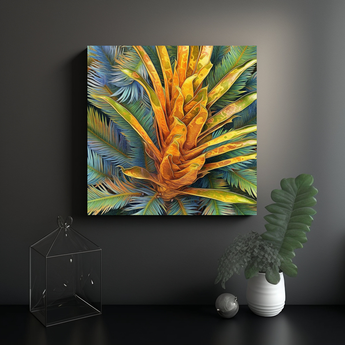 CUADRO SEDA CYCAS REVOLUTA Y ACUARELA INTERIOR 100X100 CM - 2
