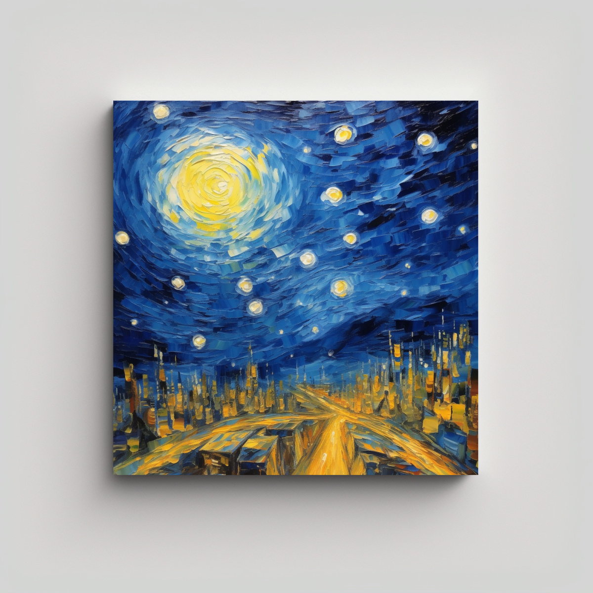 PINTURA DE ESCENA NOCTURNA ESTRELLADA CON CIUDAD 90X90 CM - 1