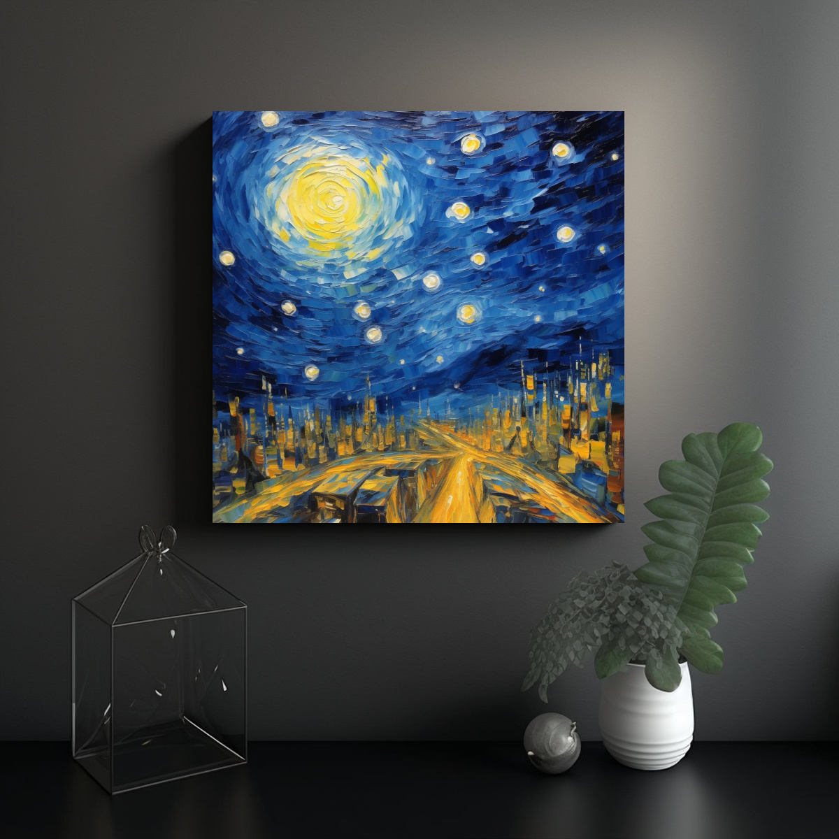 PINTURA DE ESCENA NOCTURNA ESTRELLADA CON CIUDAD 90X90 CM - 2