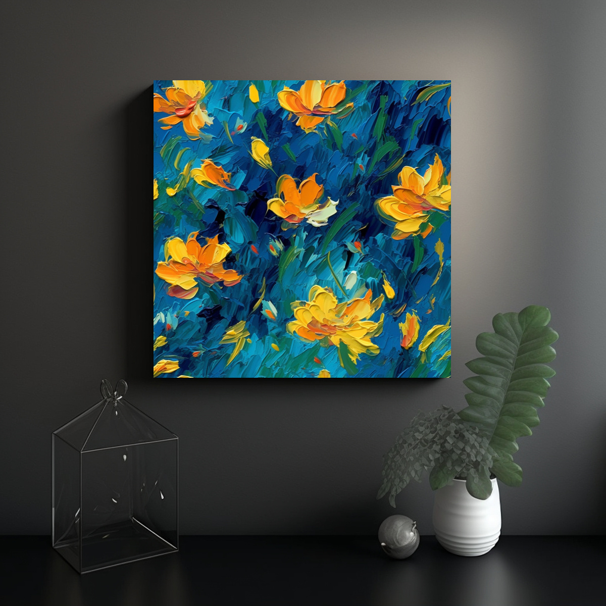 CUADRO FLORES ESTILO VAN GOGH, LÍNEAS FINAS 90X90 CM - 2