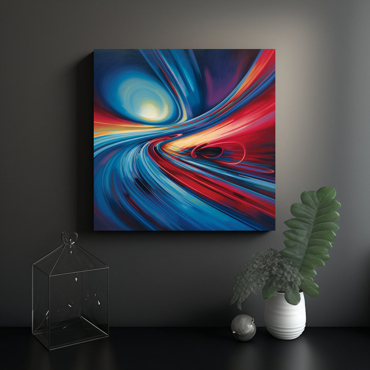 PINTURA AL ÓLEO AZUL ROJO EQUILIBRIO VISUAL 70X70 CM - 2