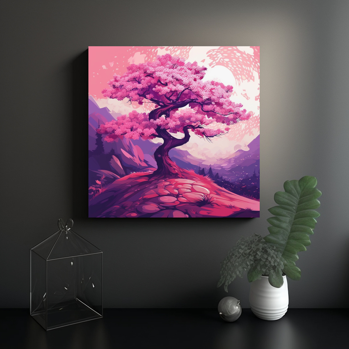 PINTURA DECORATIVA DE ÁRBOL ROSA Y MORADO ESTILO 100X100 CM - 2