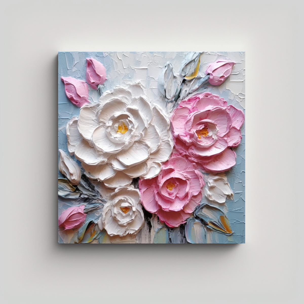 PINTURA ORIGINAL ROSA Y BLANCA CON ESPÁTULA, 60X60 CM - 1