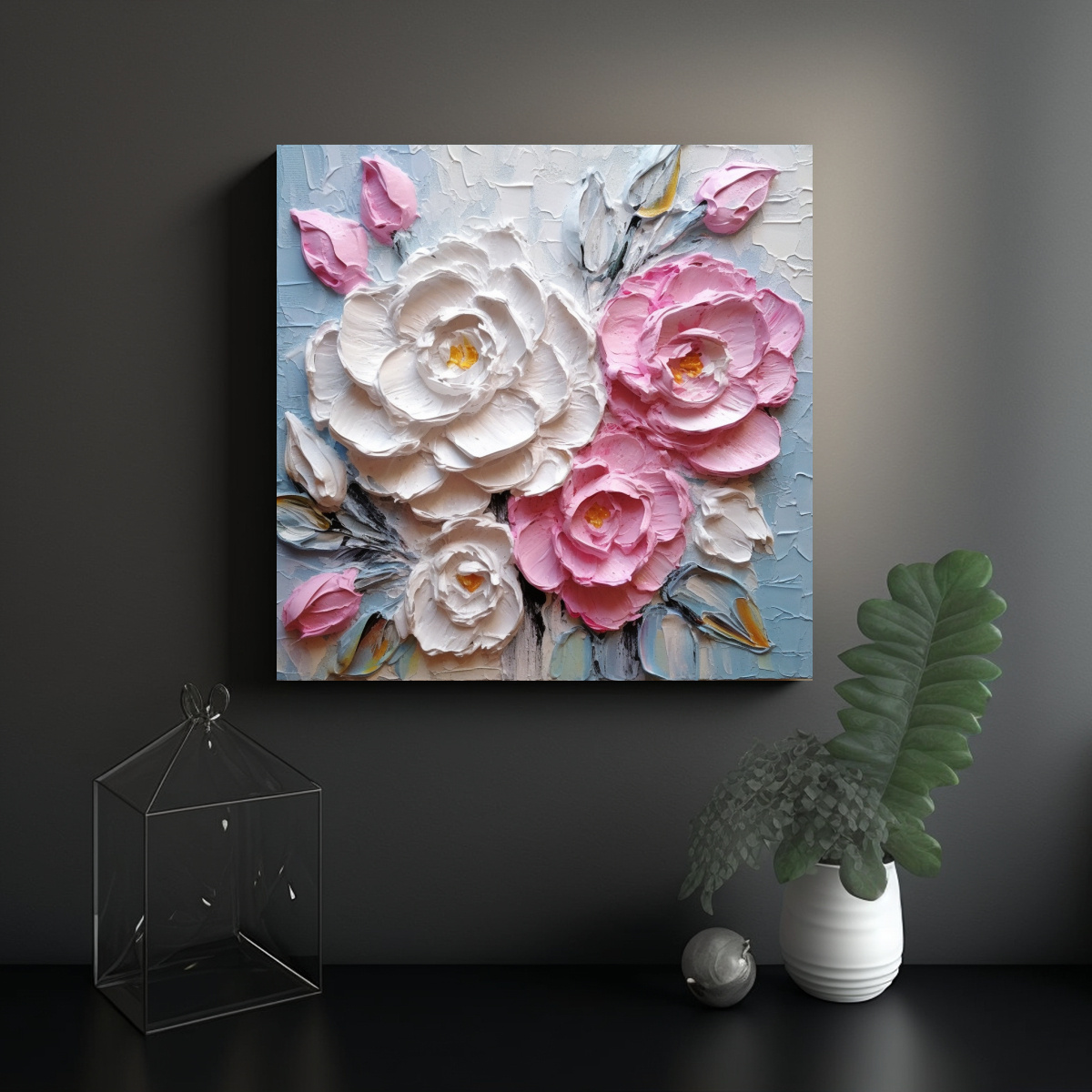 PINTURA ORIGINAL ROSA Y BLANCA CON ESPÁTULA, 60X60 CM - 2