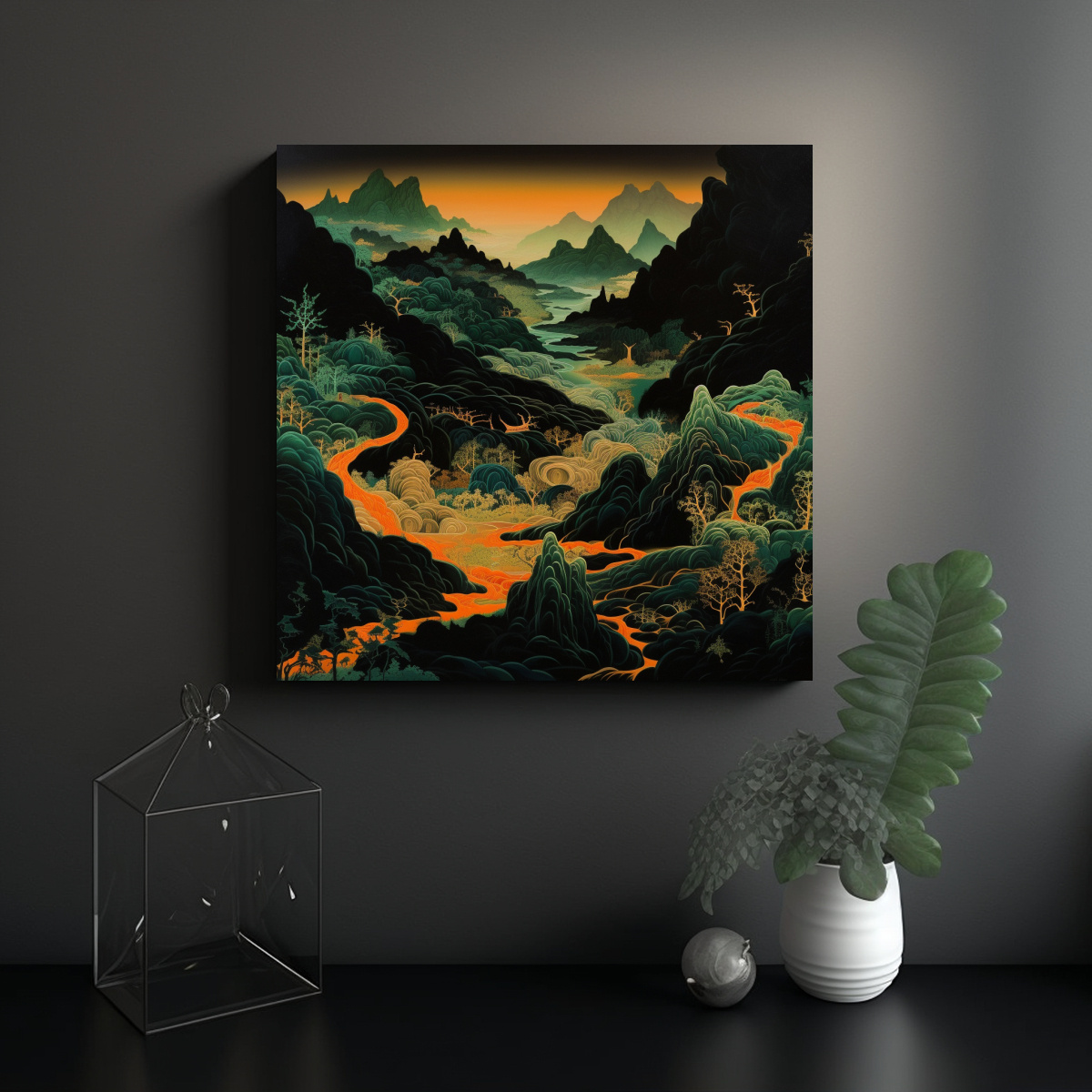 CUADRO MODERNO SIMETRÍA MONTAÑAS EN FONDO NEGRO 60X60 CM - 2