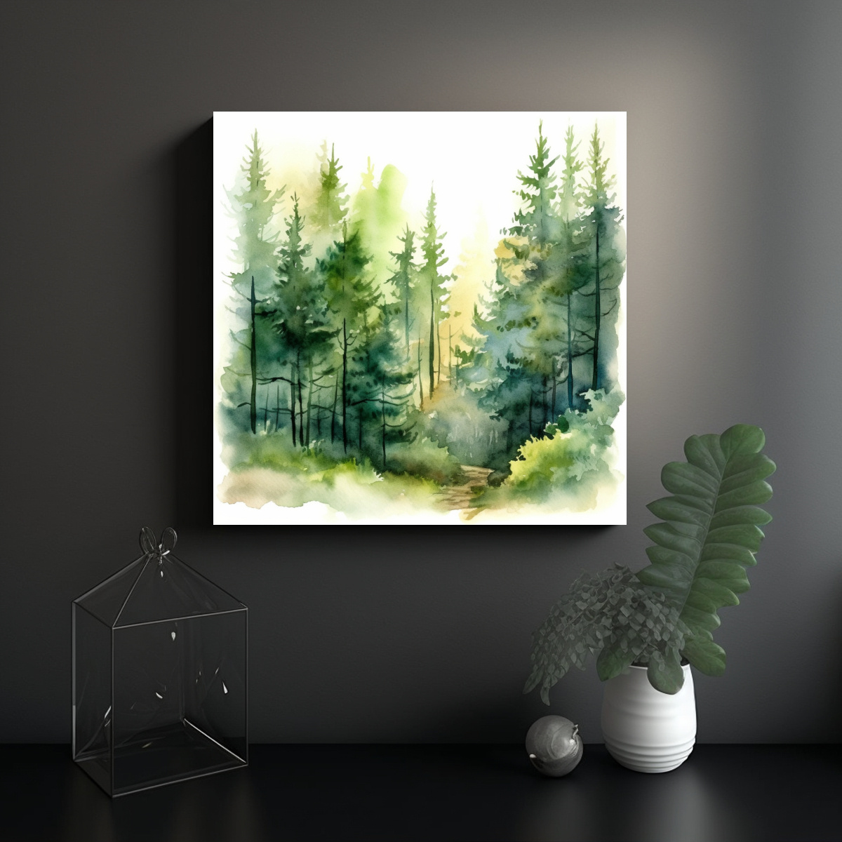 CUADRO MODERNO IVY ÁRBOLES PINOS BOSQUE LUZ 80X80 CM - 2