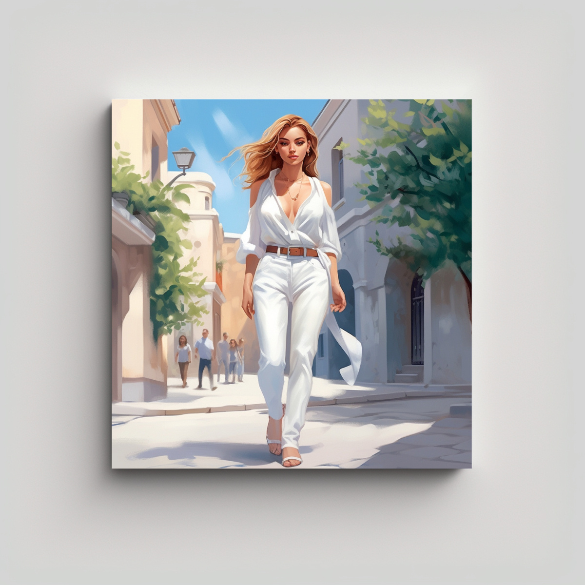CUADRO DECORATIVO MUJER PASEANDO POR LA CALLE EN 100X100 CM - 1