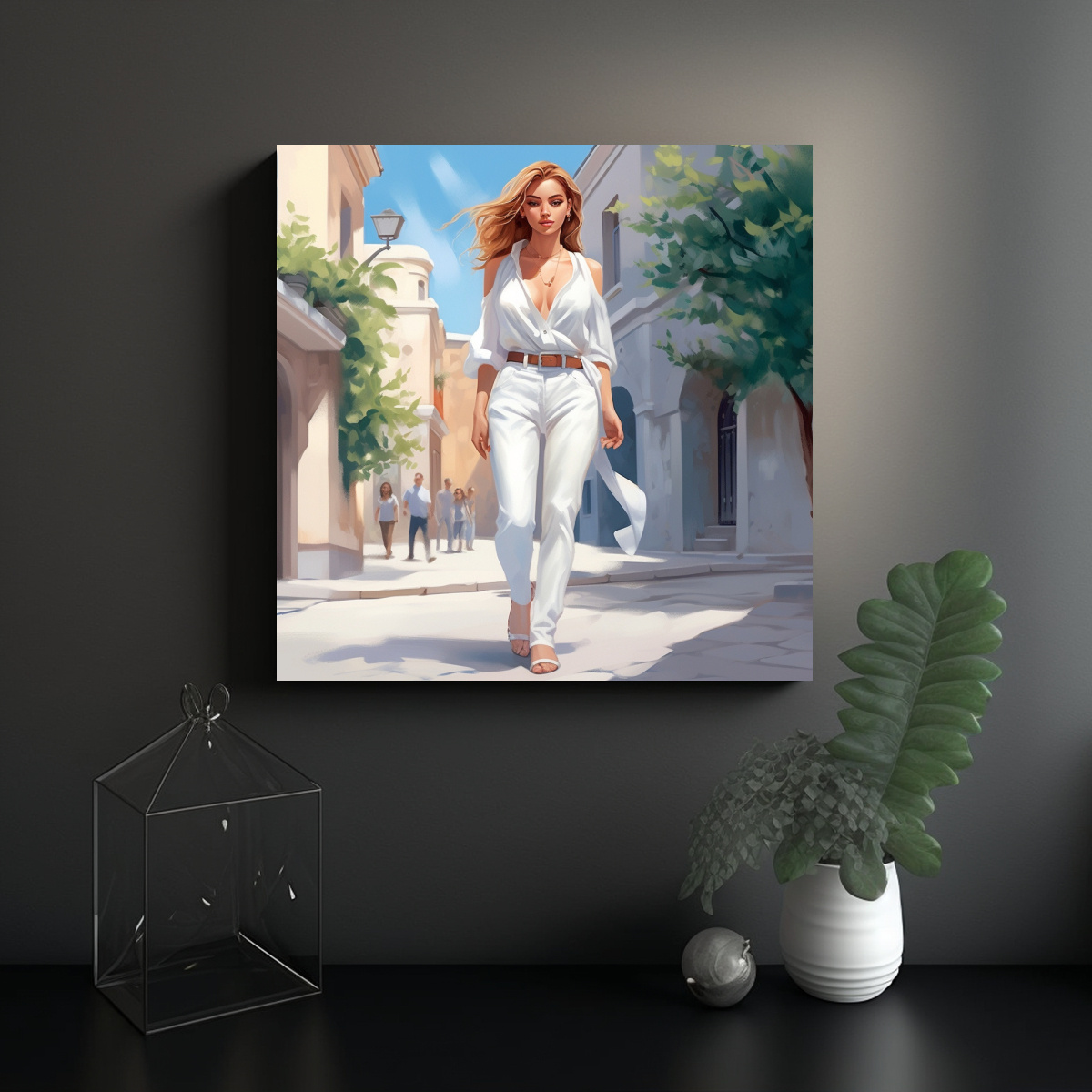 CUADRO DECORATIVO MUJER PASEANDO POR LA CALLE EN 100X100 CM - 2