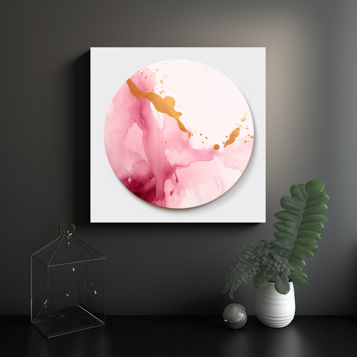 CUADRO ROSA AGUA CÍRCULO ACUARELA DORADO 30X30 CM - 2