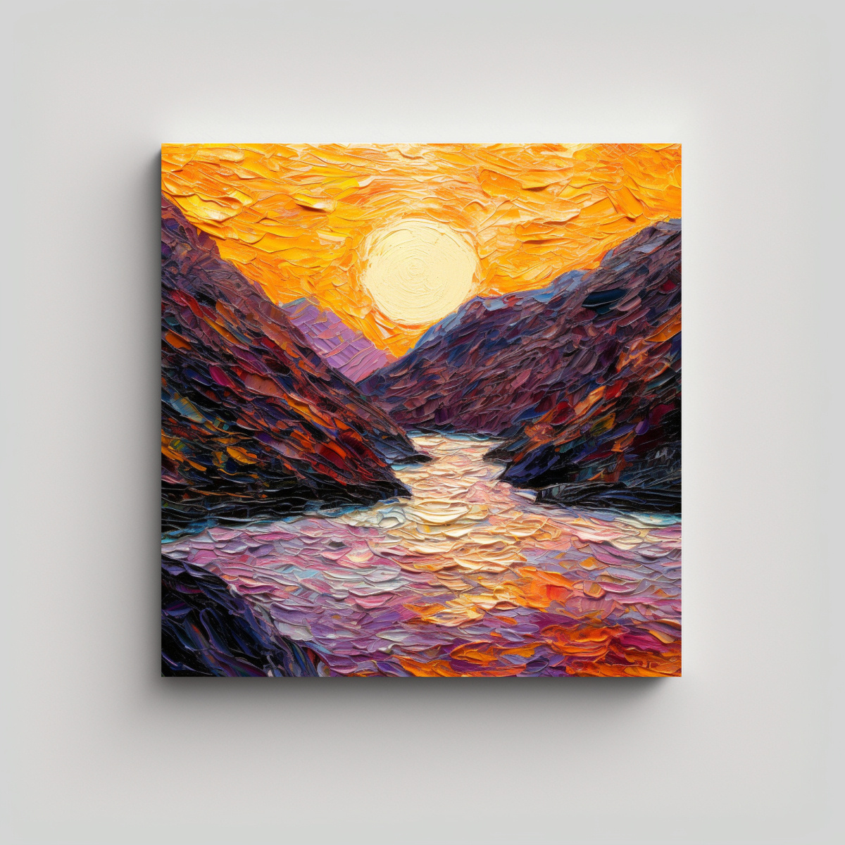 PINTURA AL ÓLEO DE UN RÍO RODEADO DE MONTAÑAS 100X100 CM - 1