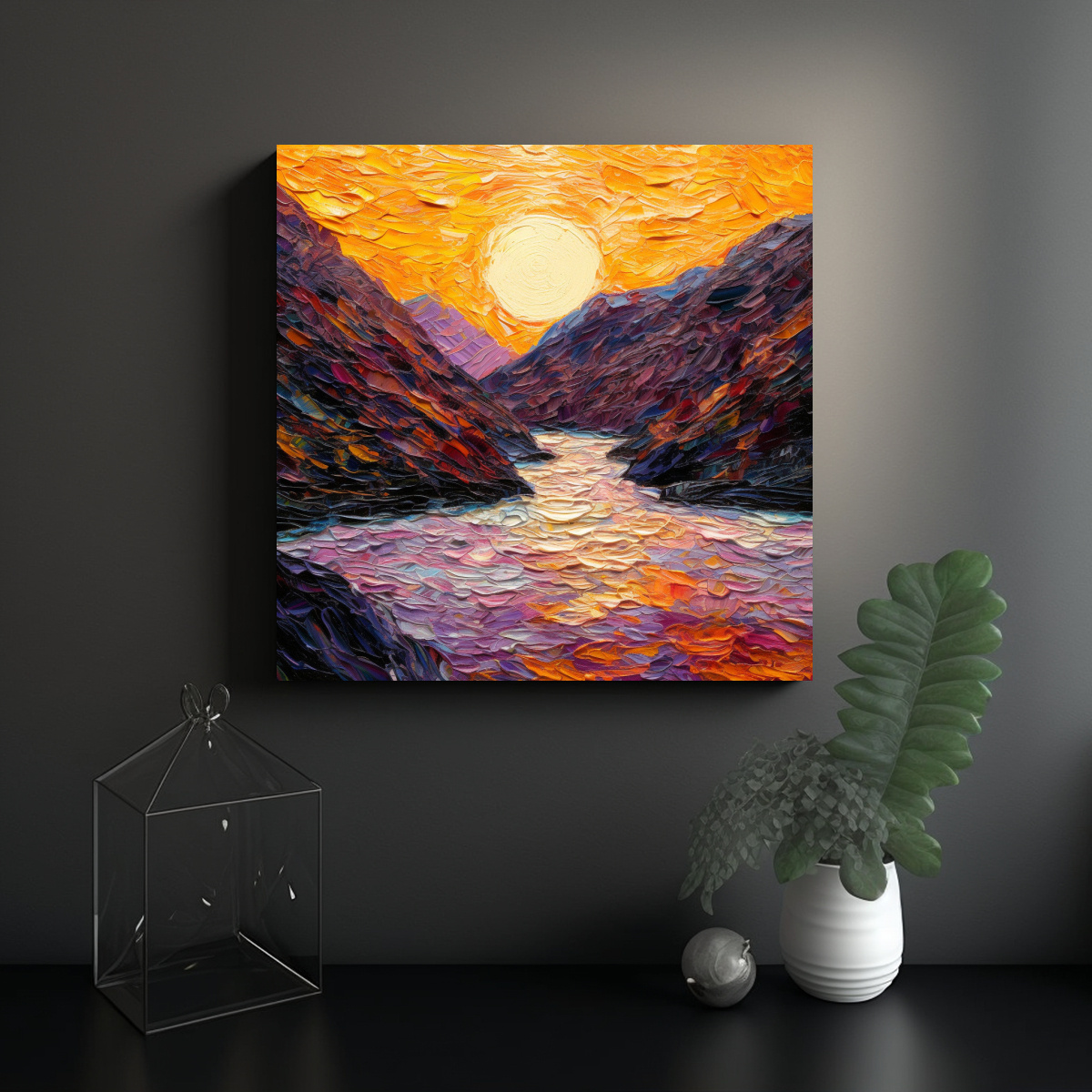 PINTURA AL ÓLEO DE UN RÍO RODEADO DE MONTAÑAS 100X100 CM - 2