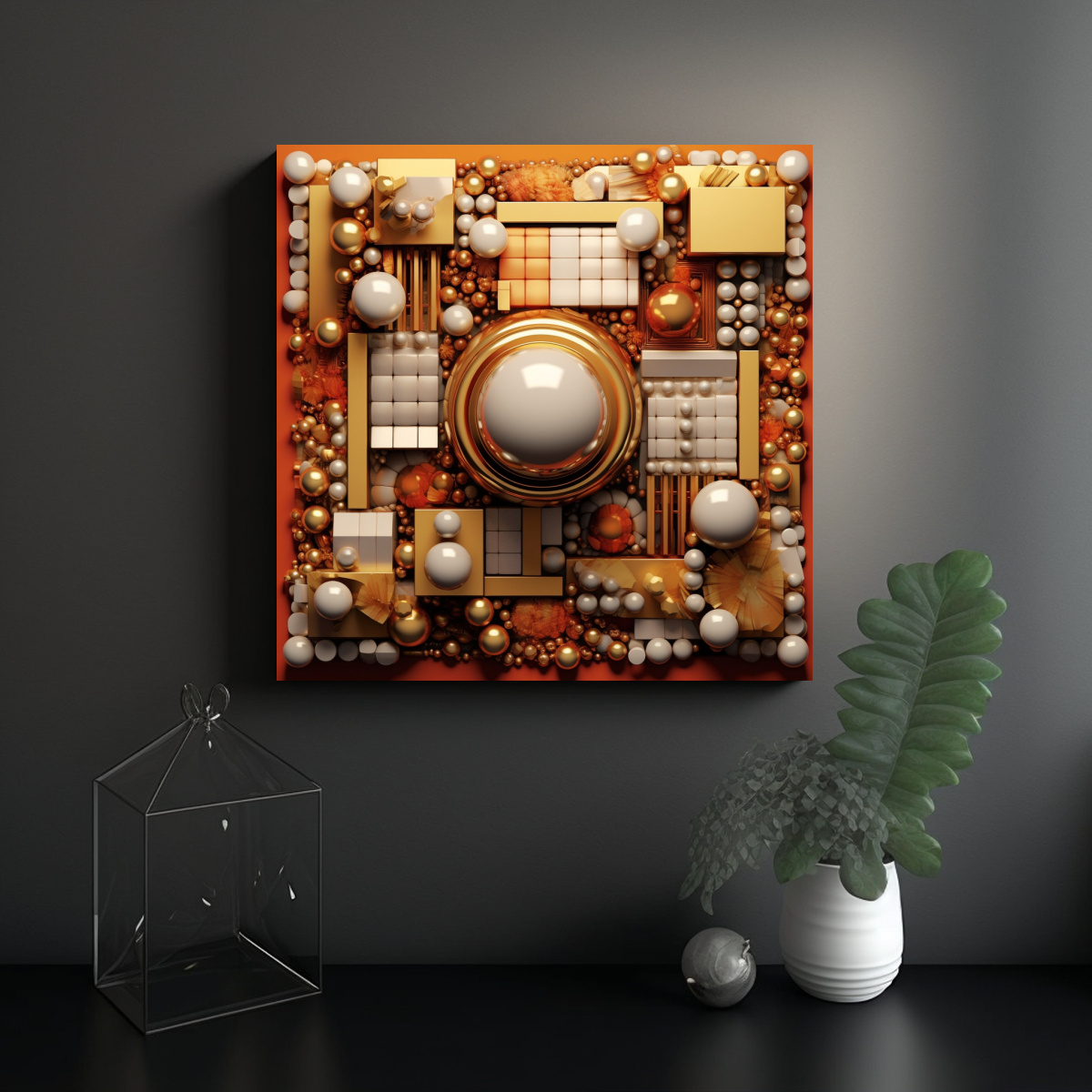 PINTURA EN BASTIDOR CUADRADA DE PERLAS DORADAS EN 50X50 CM - 2