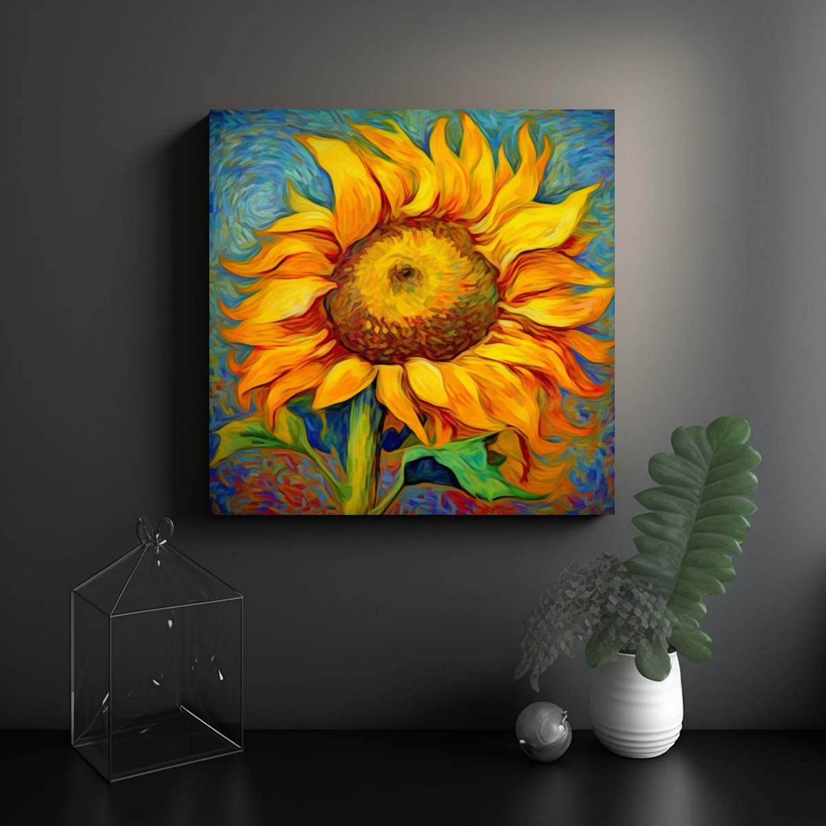 CUADRO ACUARELA ESTILO VINCENT VAN GOGH GIRASOLES 80X80 CM - 2